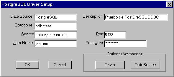 Setup del Driver PostODBC