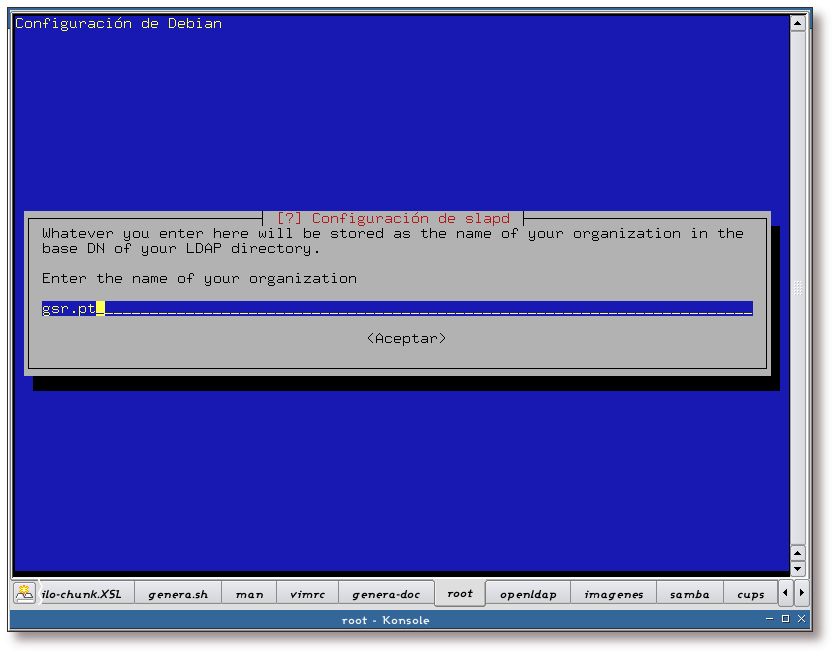 Configuración de slapd, nombre de la organización