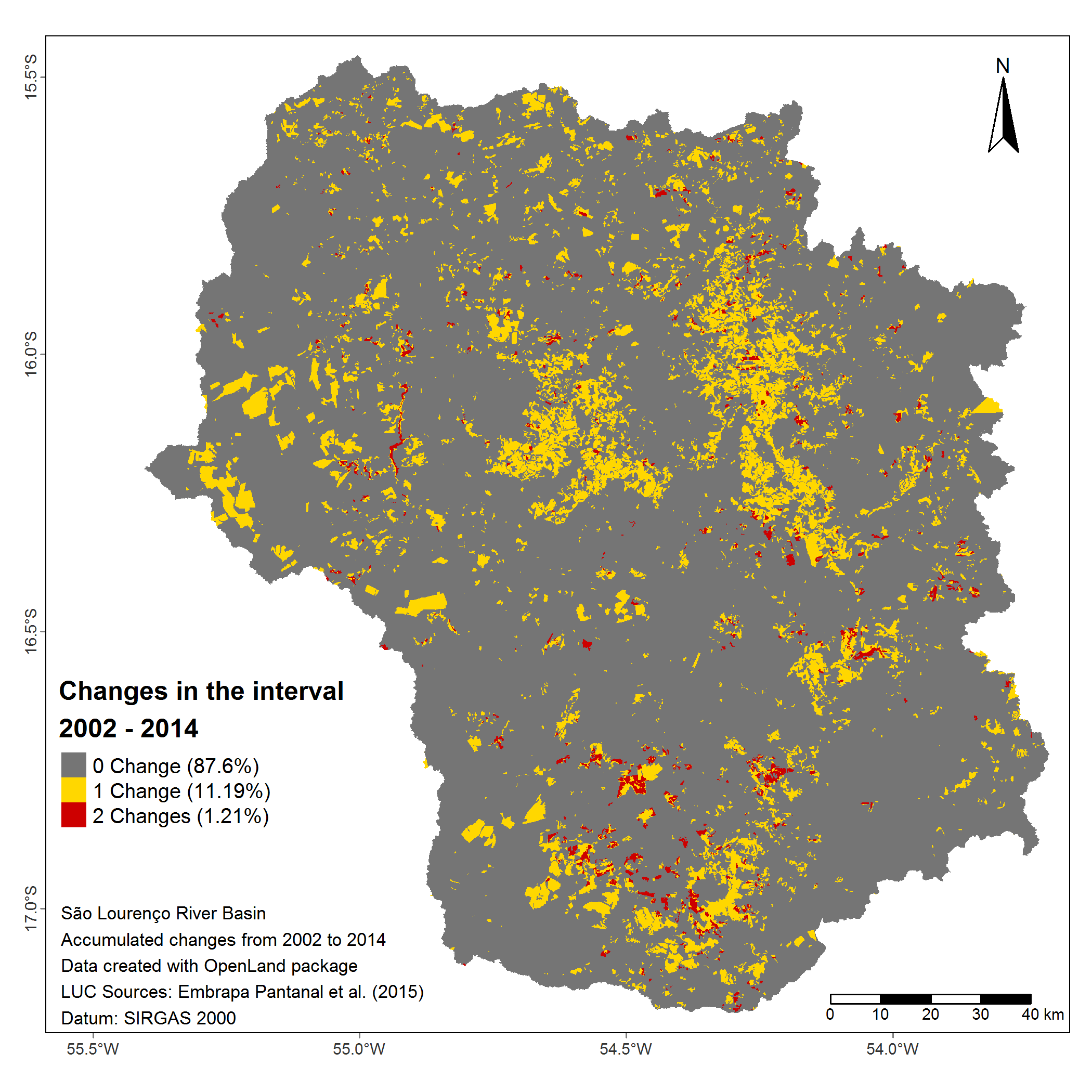 Accumulated changes in pixels in the interval 2002 - 2014 at four time points (2002, 2008, 2010, 2012, 2014)