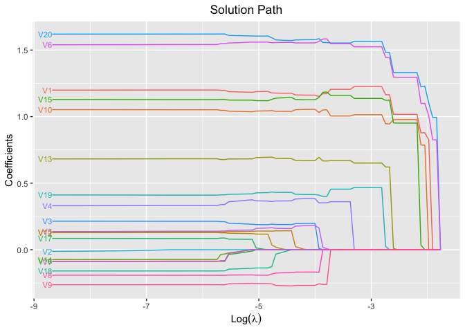 solution path plot for single model fit using TLP penalty for binary data