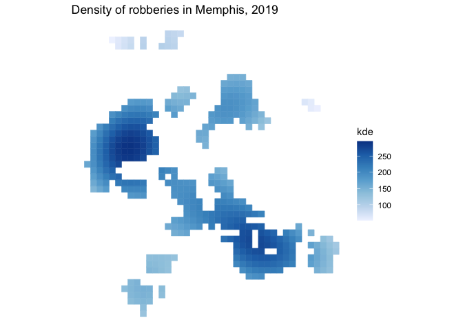 A map showing hotspots of robbery in Memphis, TN created using the `hotspot_gistar()` function in the sfhotspot package