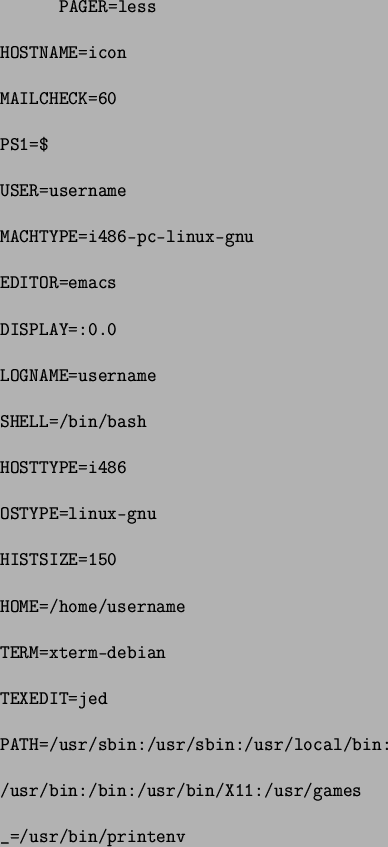 \begin{figure}\par\par\begin{alltt}
\relax{} PAGER=less
\\
\\ HOSTNAME=icon
\\ ...
...rpretes!entornos}
\\
\\ \_=/usr/bin/printenv
\\ \relax \end{alltt}\end{figure}