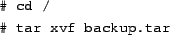 \begin{tscreen}
\char93  tar cvf backup.tar /etc \\
\char93  gzip -9 backup.tar
\end{tscreen}