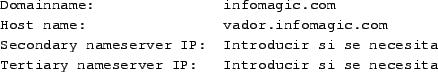 \begin{tscreen}\begin{verbatim}NFS Server name: redhat.infomagic.com
Red Hat Directory: /pub/mirrors/linux/RedHat\end{verbatim}\end{tscreen}