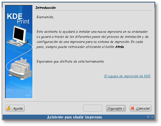 Bienvenida al asistente de impresión de KDE