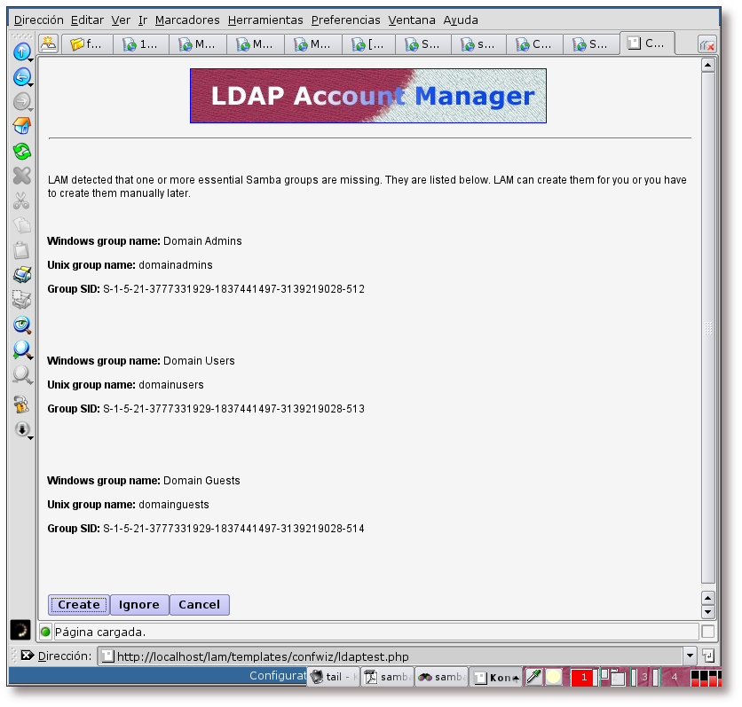 Asistente de configuración, creación de grupos para Samba