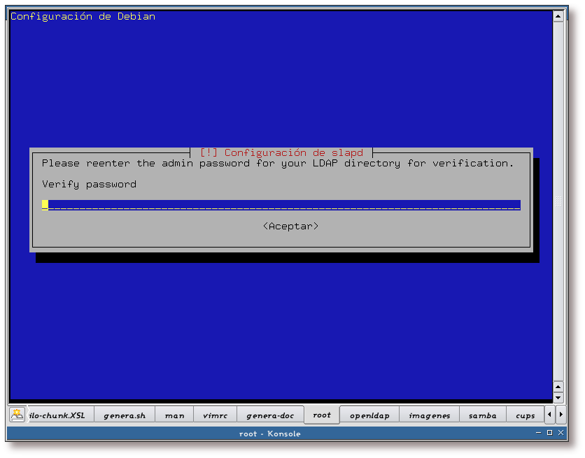 Configuración de slapd, repetir clave de administrador