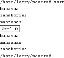 \begin{tscreen}
/home/larry/papers\char93  sort items $>$\ listacompra \\
/home...
...ananas \\
manzanas \\
zanahorias \\
/home/larry/papers\char93
\end{tscreen}